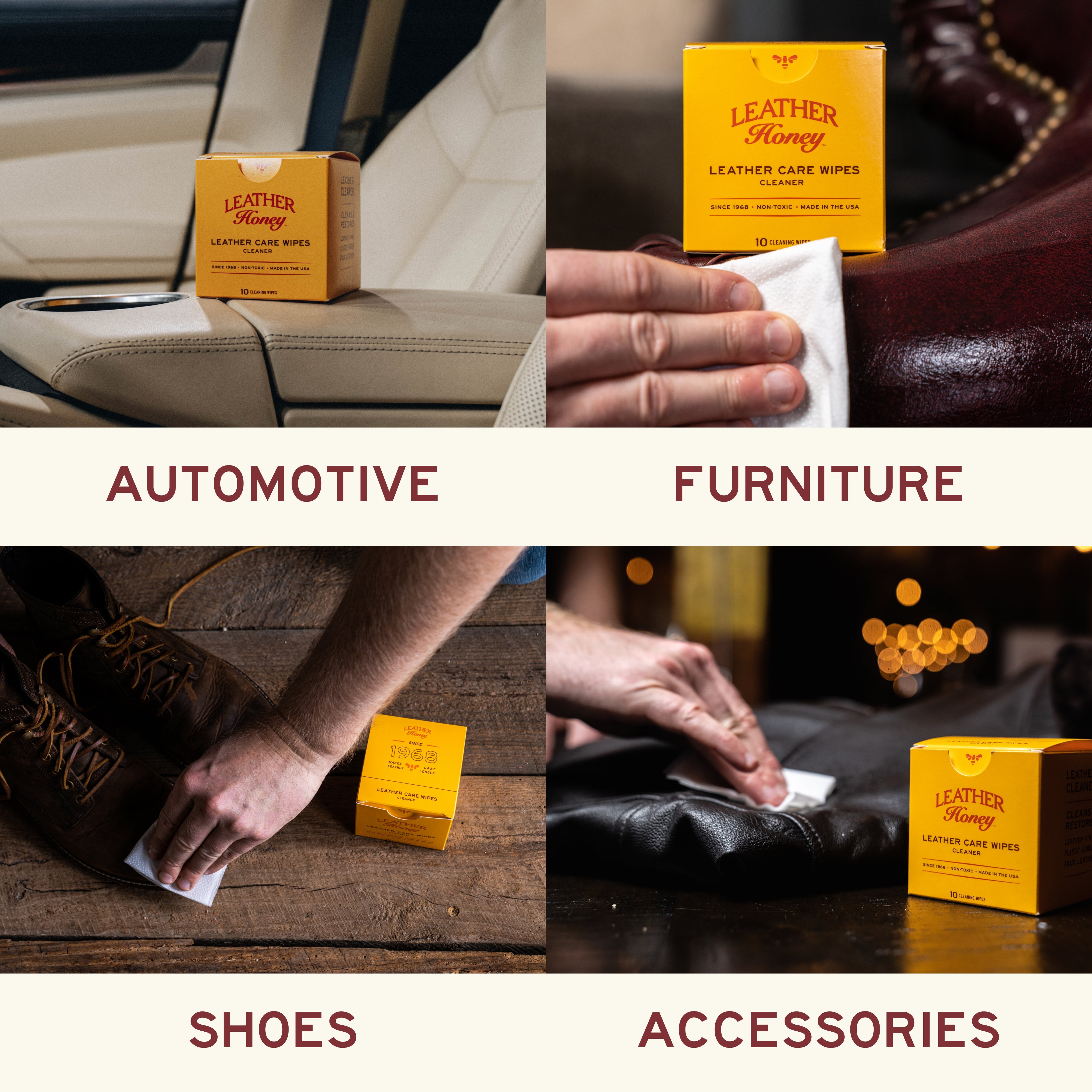 Leather Honey leather care wipes in a 10-pack, showing clean, soft leather surfaces ready for maintenance and cleaning.