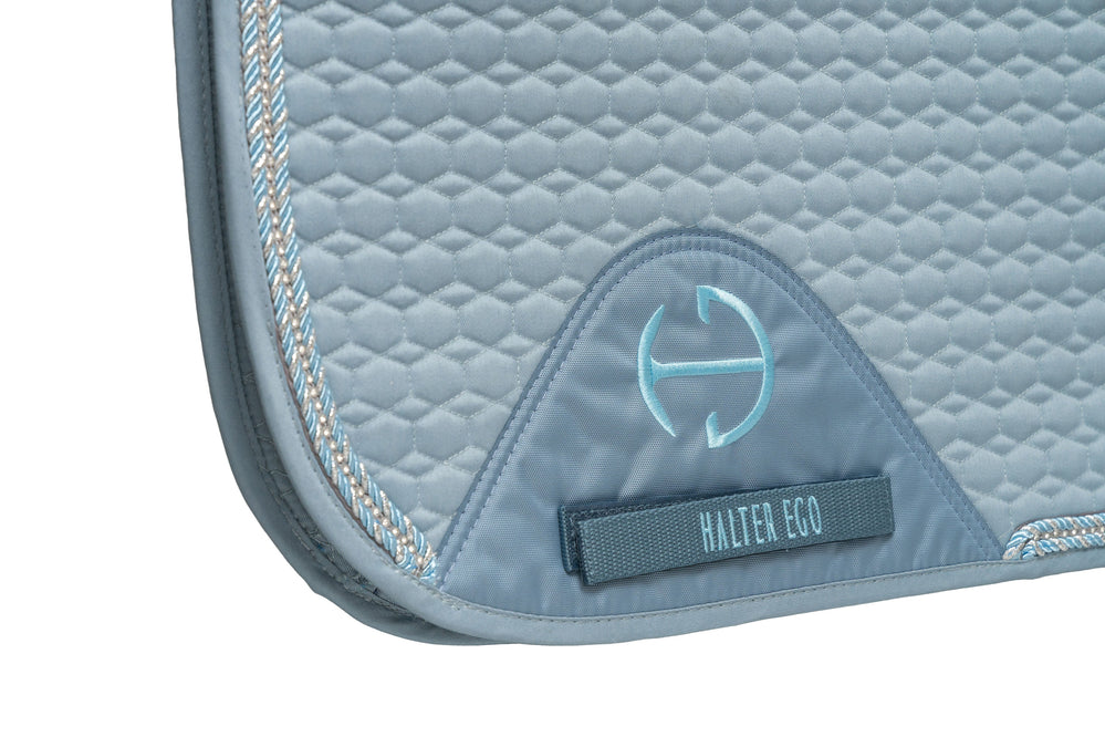 European Cotton Dressage Saddle Pad - Light Blue with Crystals & Light Blue/Silver Twisted Rope Trim - Equine Exchange Tack Shop
