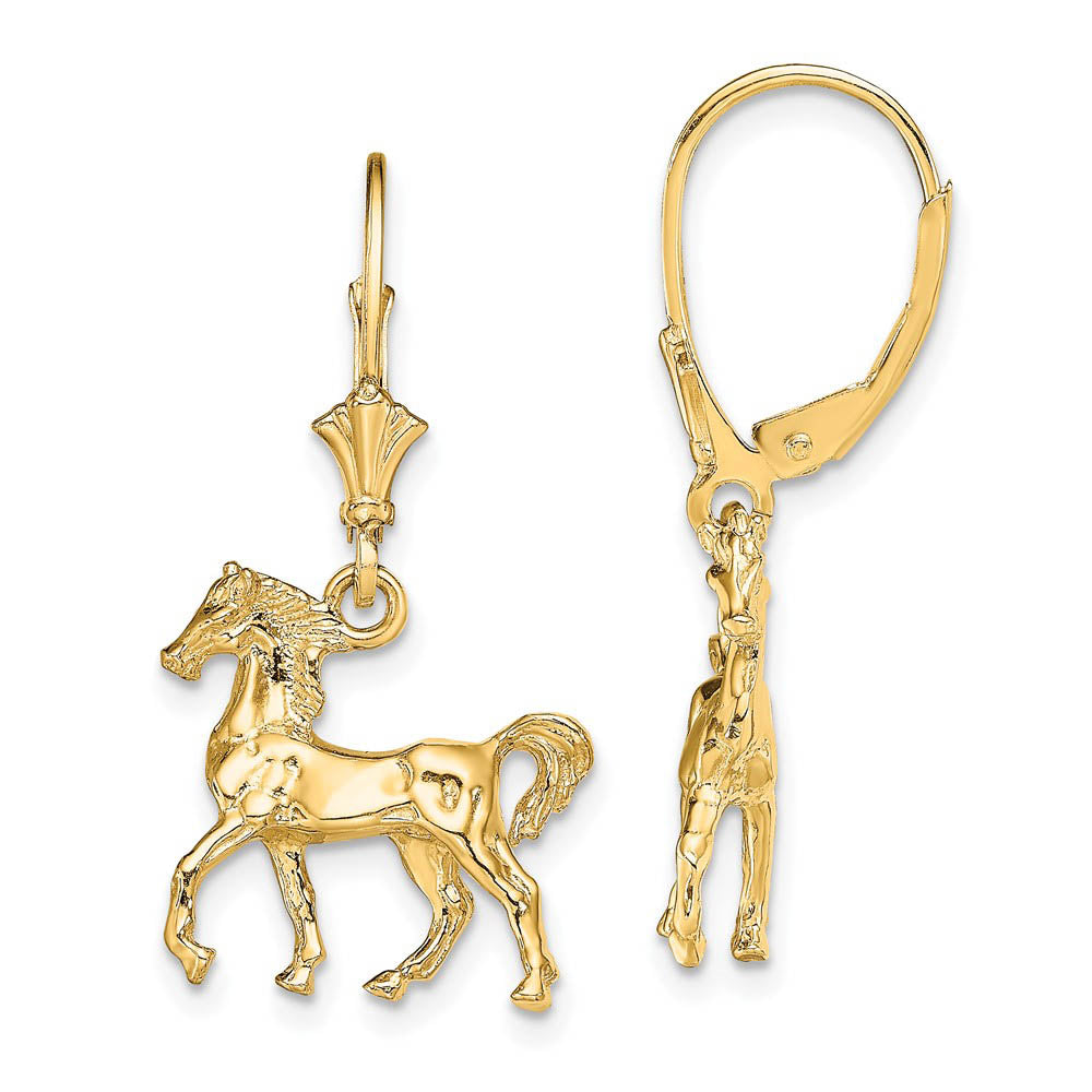 Polished 3D Horse Lever Back Earrings in 14k Yellow Gold - Equine Exchange Tack Shop