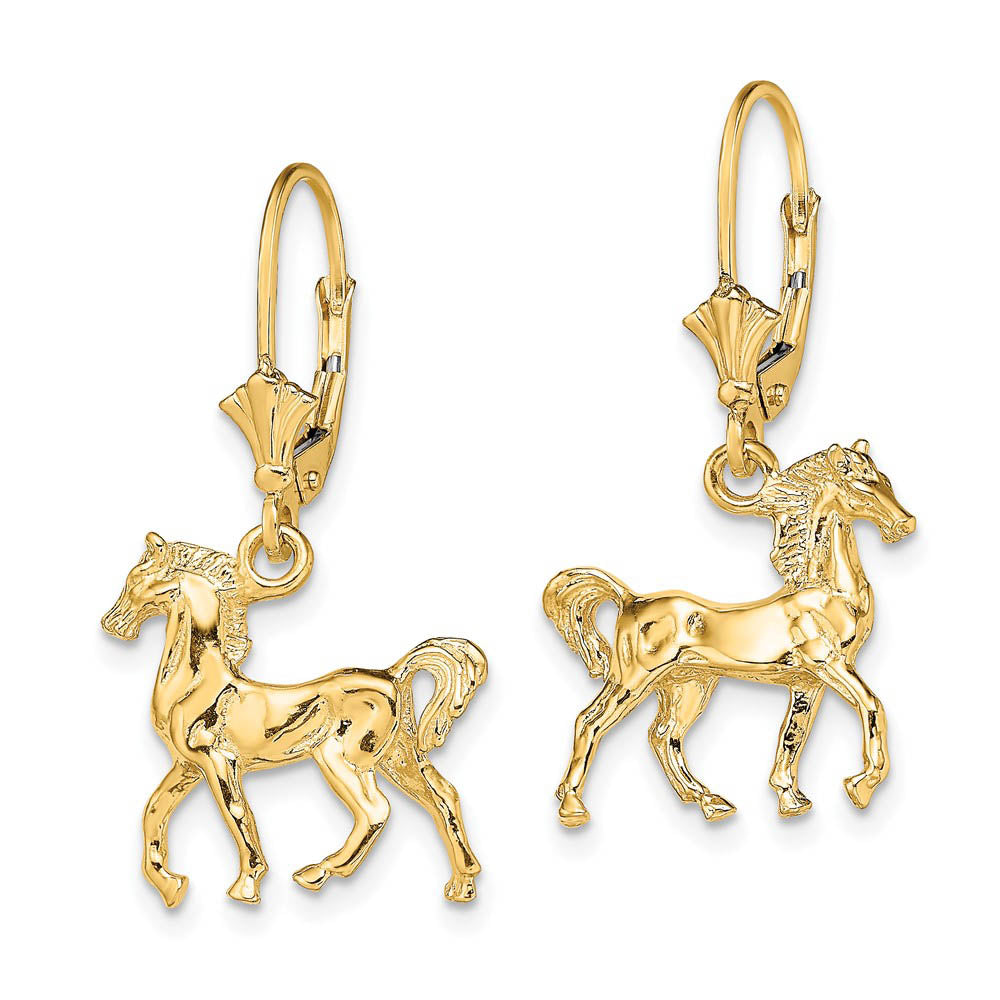 Polished 3D Horse Lever Back Earrings in 14k Yellow Gold - Equine Exchange Tack Shop