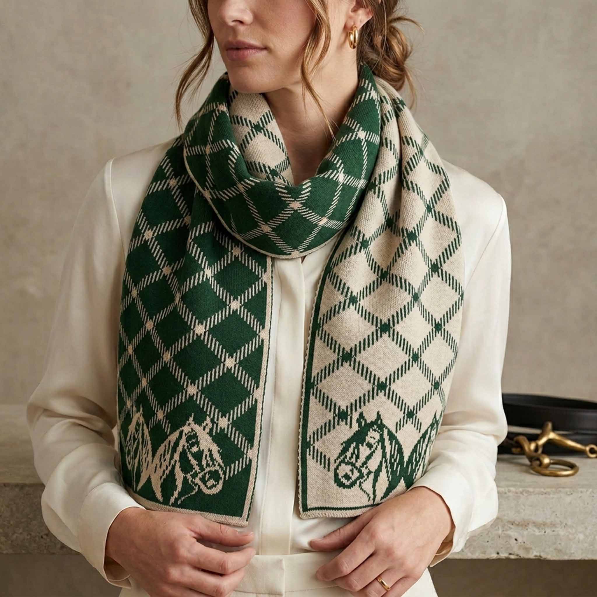Reversible Sustainable Knit Stripe Geometric Scarf - Equestrian Plaid