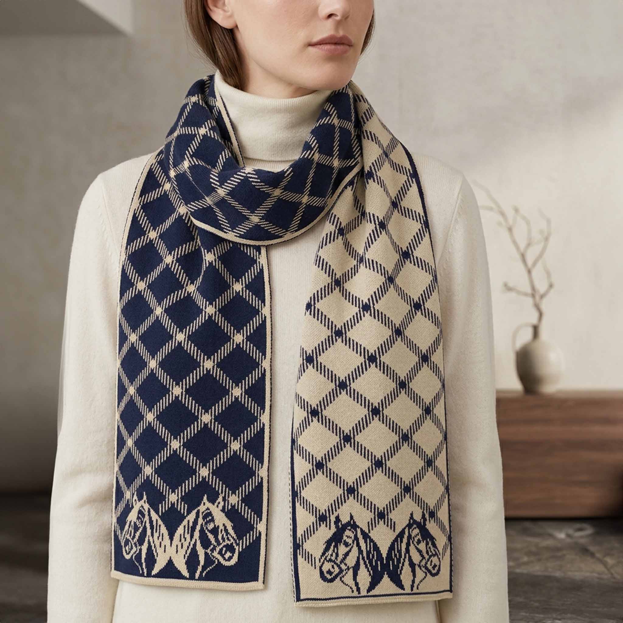 Reversible Sustainable Knit Stripe Geometric Scarf - Equestrian Plaid