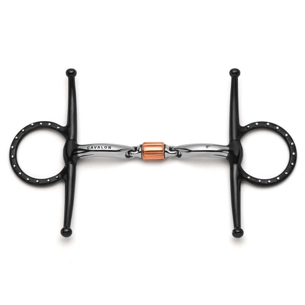 Horse bridle bit with black metal and rose gold center on a white background