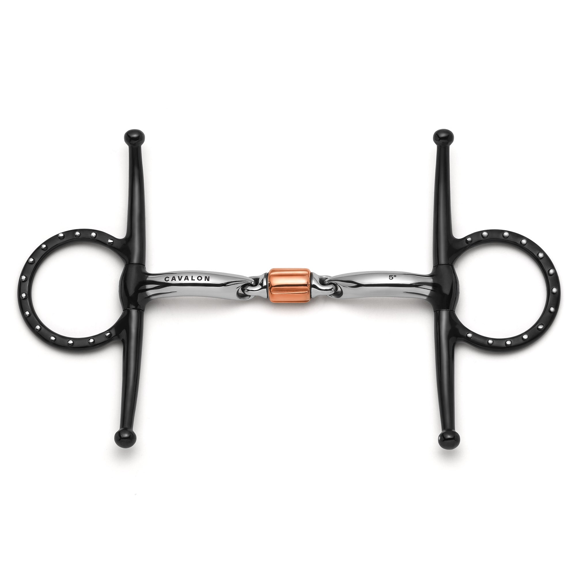 Horse bridle bit with black metal and rose gold center on a white background