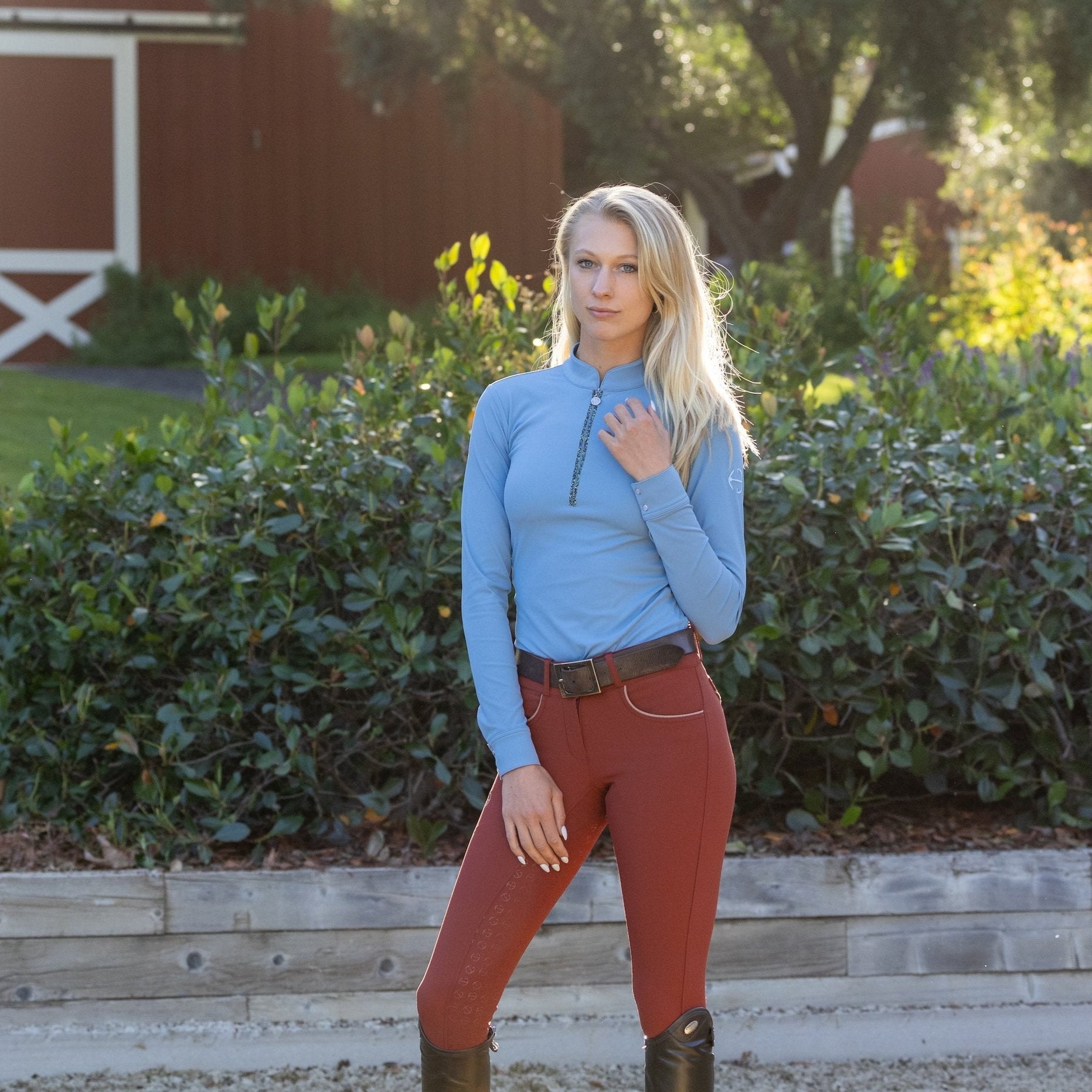 Heidi - Long Sleeve Riding Top with Crystal Fabric Trim - Equine Exchange Tack Shop