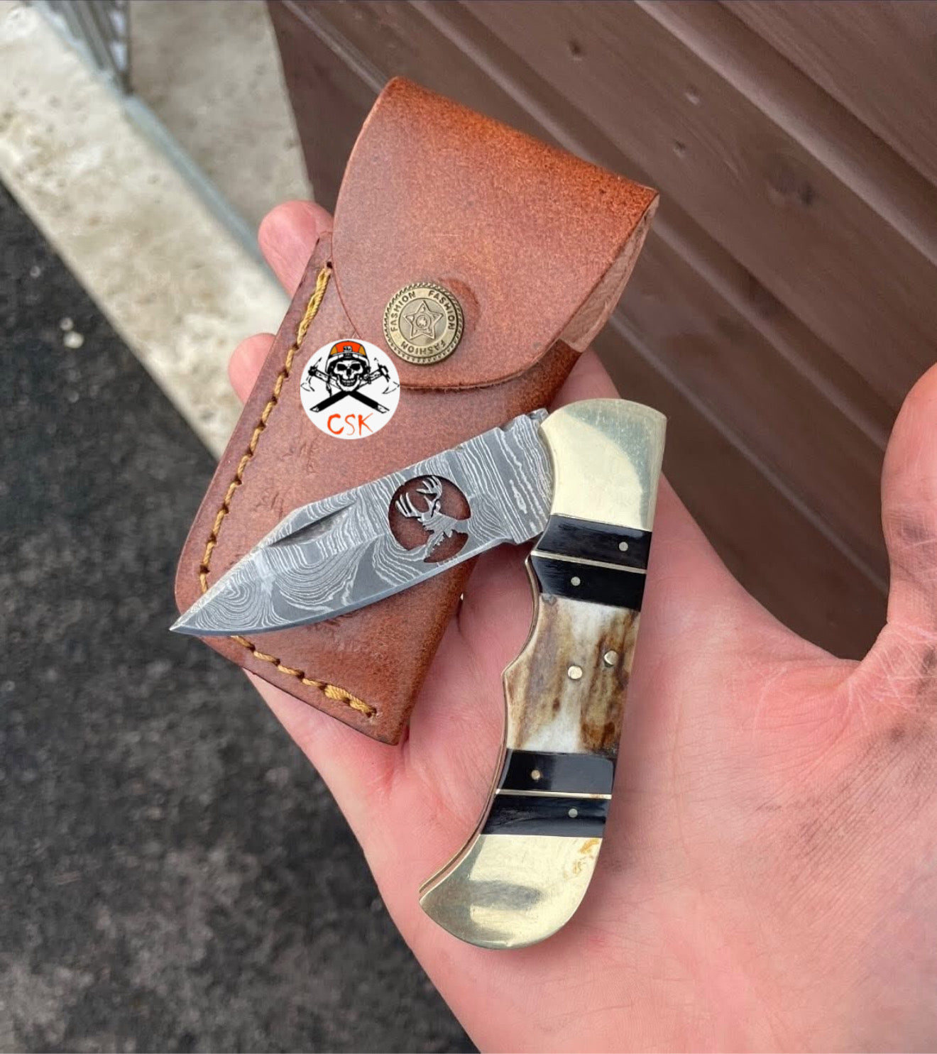 Cowboy Pocket Knife – Deer Damascus Blade  