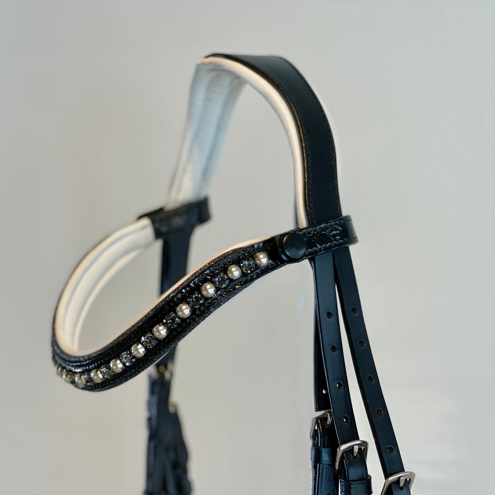 The Harlow Black Patent Snaffle Bridle with Removable Flash - Equine Exchange Tack Shop