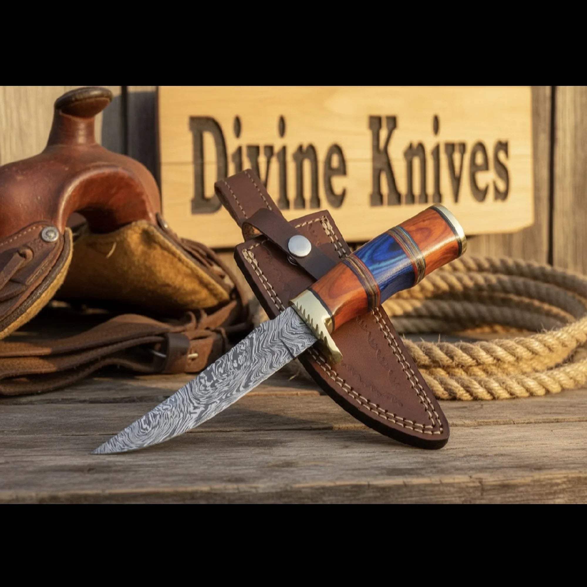 Multi Color Wood Damascus Knife with Brass Bolster Detailing