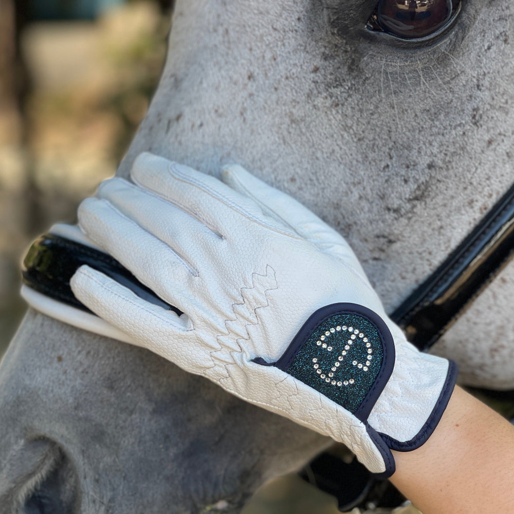Halter Ego® Competition Gloves - Bermuda Blue Glitter & Crystal Logo - Equine Exchange Tack Shop