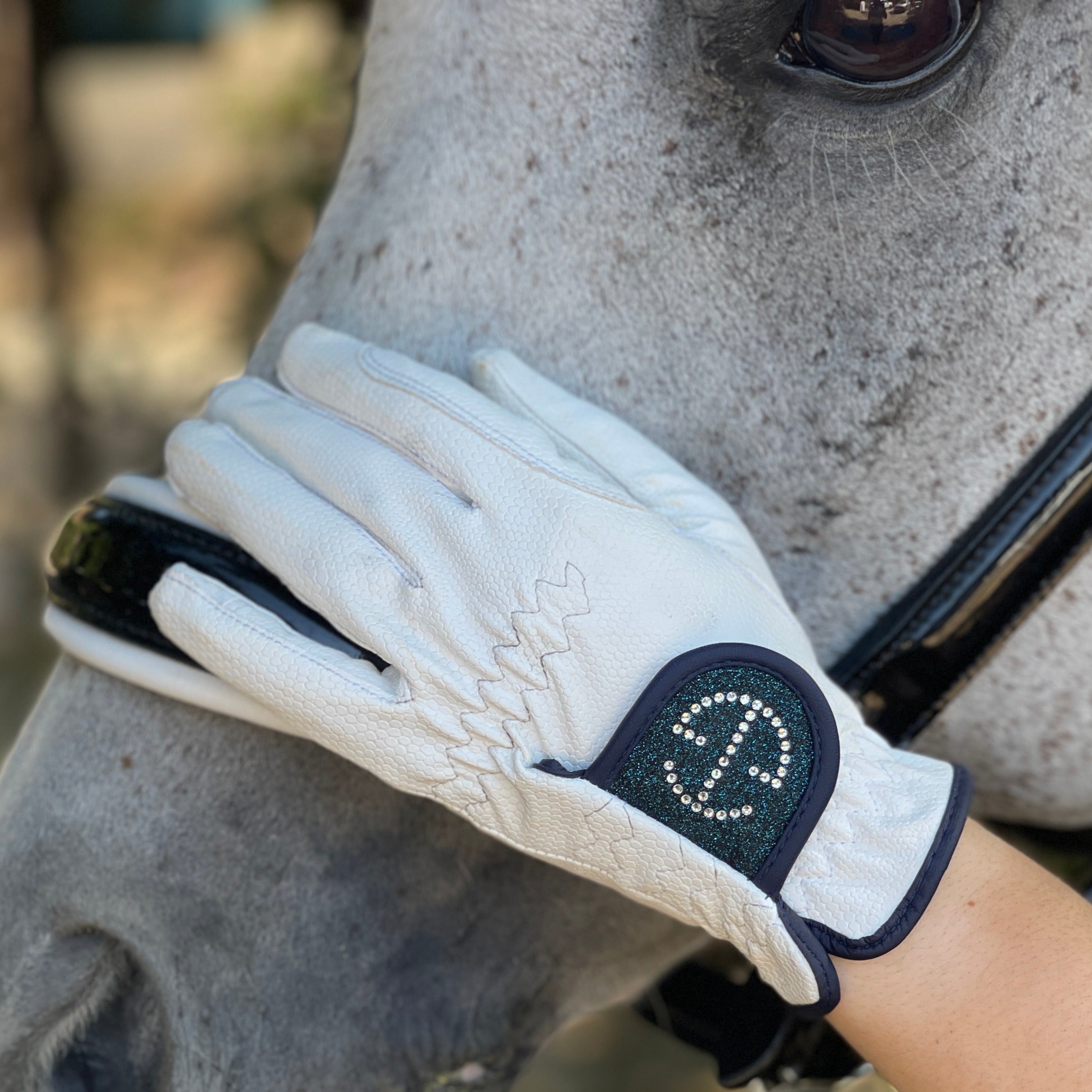 Halter Ego® Competition Gloves - Bermuda Blue Glitter & Crystal Logo - Equine Exchange Tack Shop