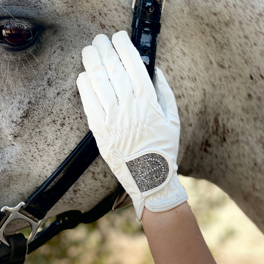 Halter Ego® Competition Gloves - Silver Gray Glitter & Crystal Logo - Equine Exchange Tack Shop