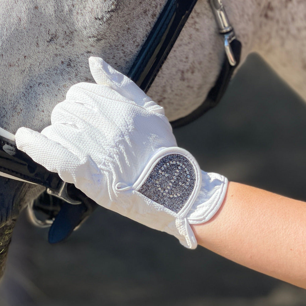 Halter Ego® Competition Gloves - Silver Gray Glitter & Crystal Logo - Equine Exchange Tack Shop