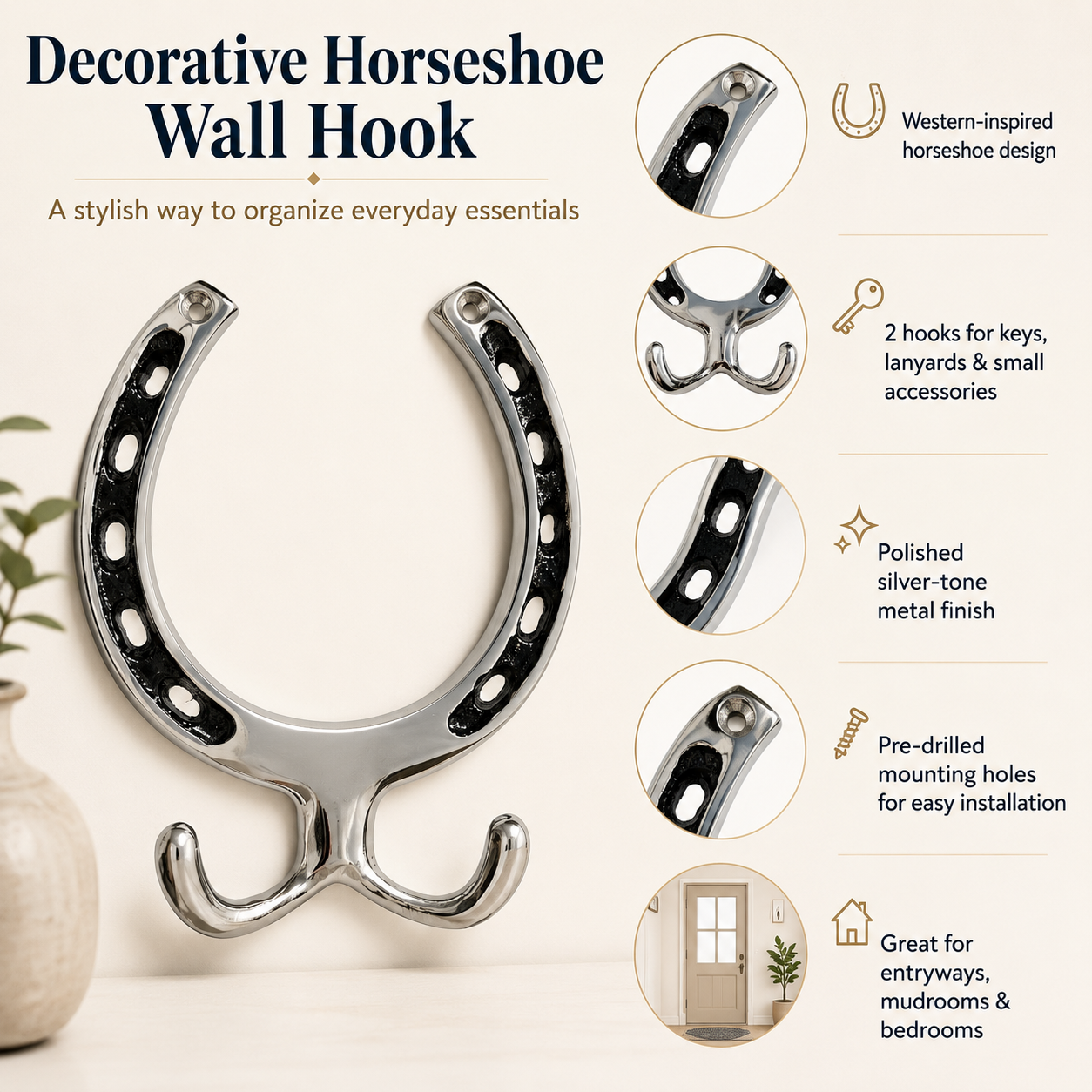 Silver Horseshoe Wall Hook Rack-2 Hook