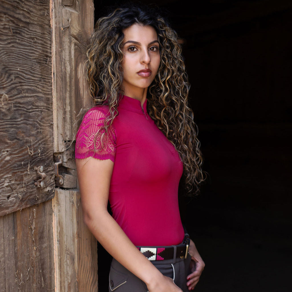 Charlie Short Sleeve Lace Riding Shirt - Cherry Red - Equine Exchange Tack Shop