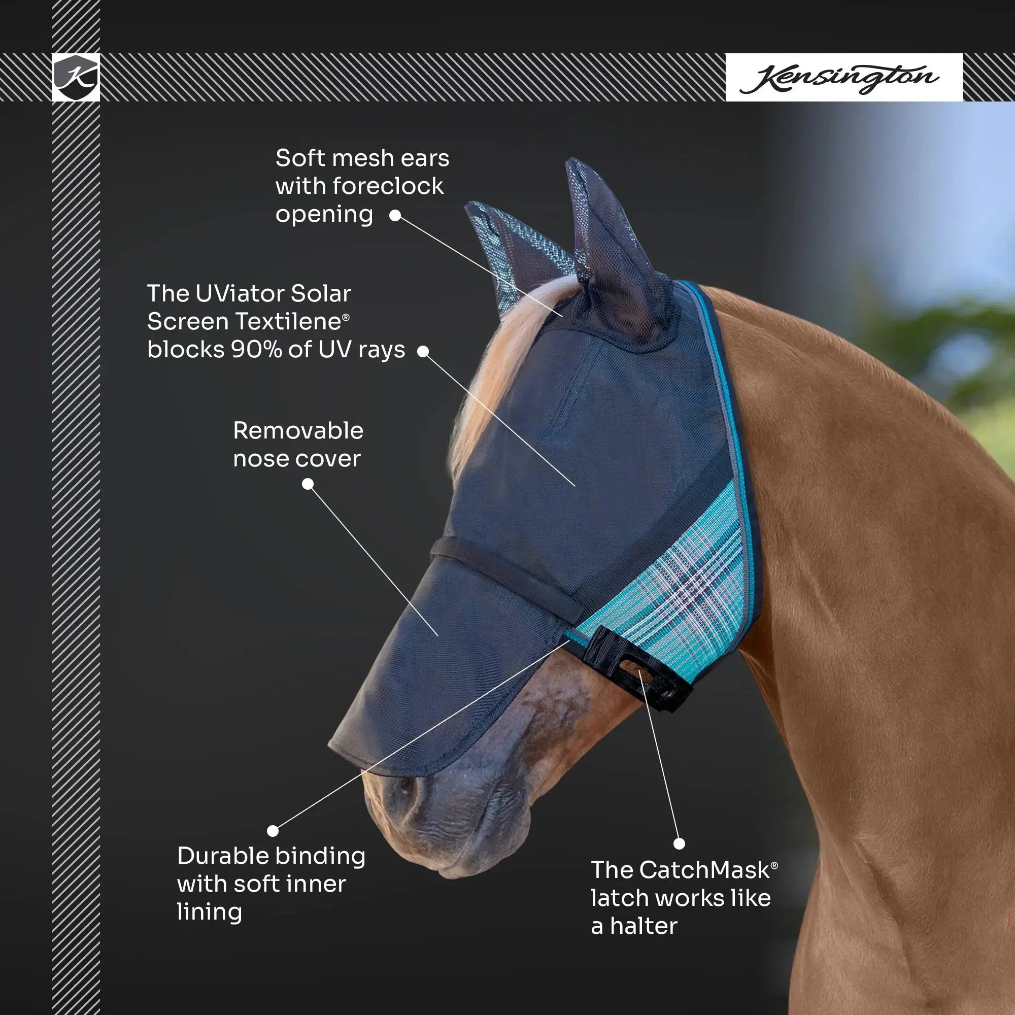 UViator CatchMask - Soft Mesh Ears with Forelock Opening and Removable Nose - 90% UV Blocking - Equine Exchange Tack Shop