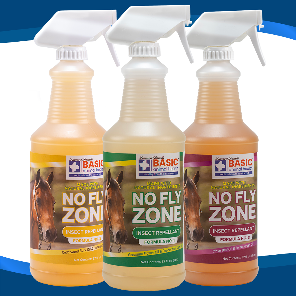 Basic Animal Health No Fly Zone Spray for barns and tack rooms, featuring a spray bottle with insect repellent label.