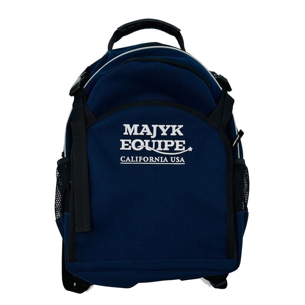 Majyk Equipe show and barn bag in navy with a hat compartment and backpack straps, showing detailed stitching and design.