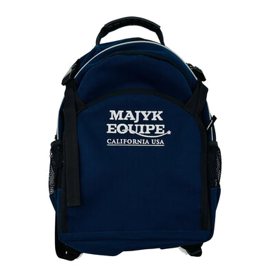 Majyk Equipe show and barn bag in navy with a hat compartment and backpack straps, showing detailed stitching and design.