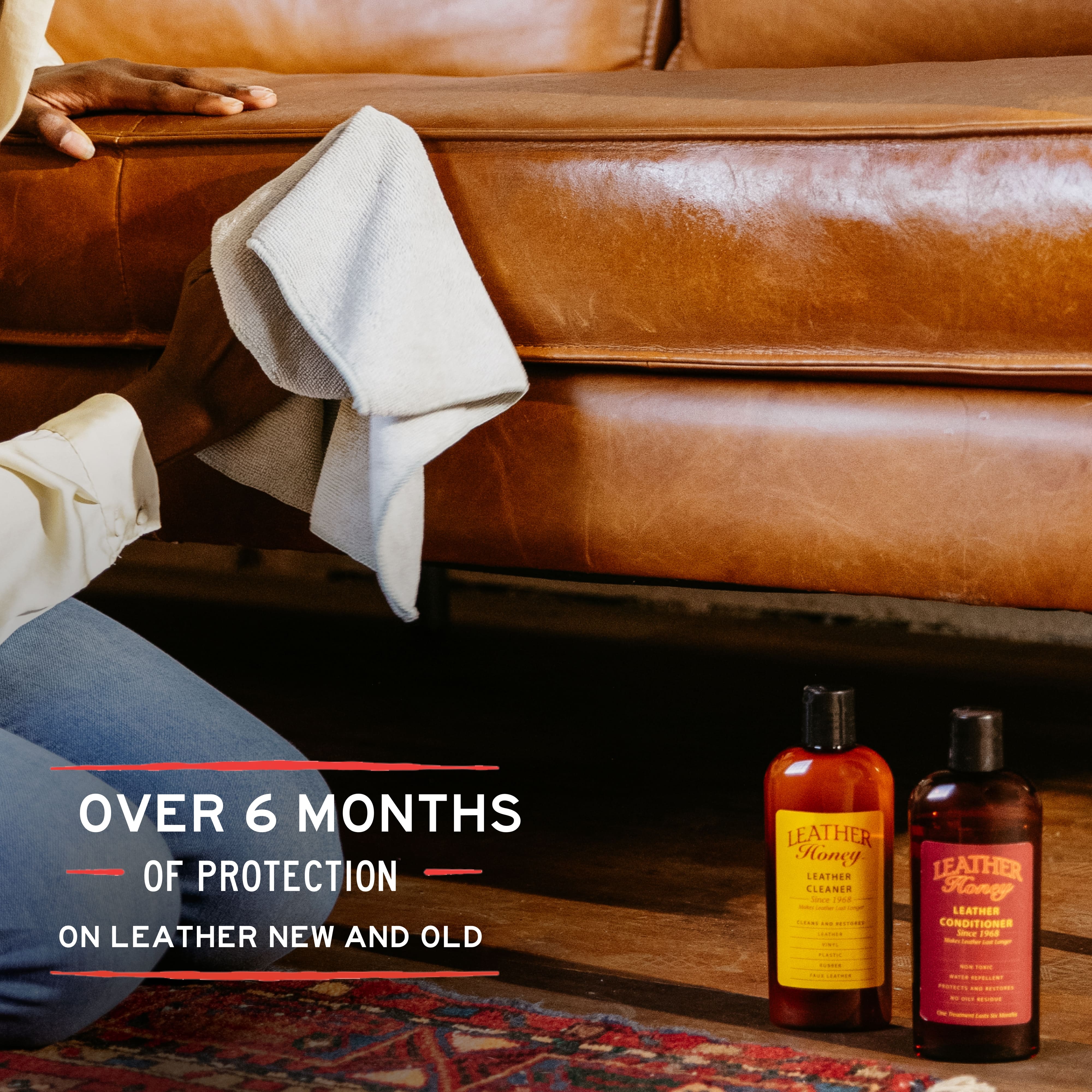 Leather Honey Leather Conditioner bottle, smooth leather surface, demonstrating nourishing treatment for leather goods.