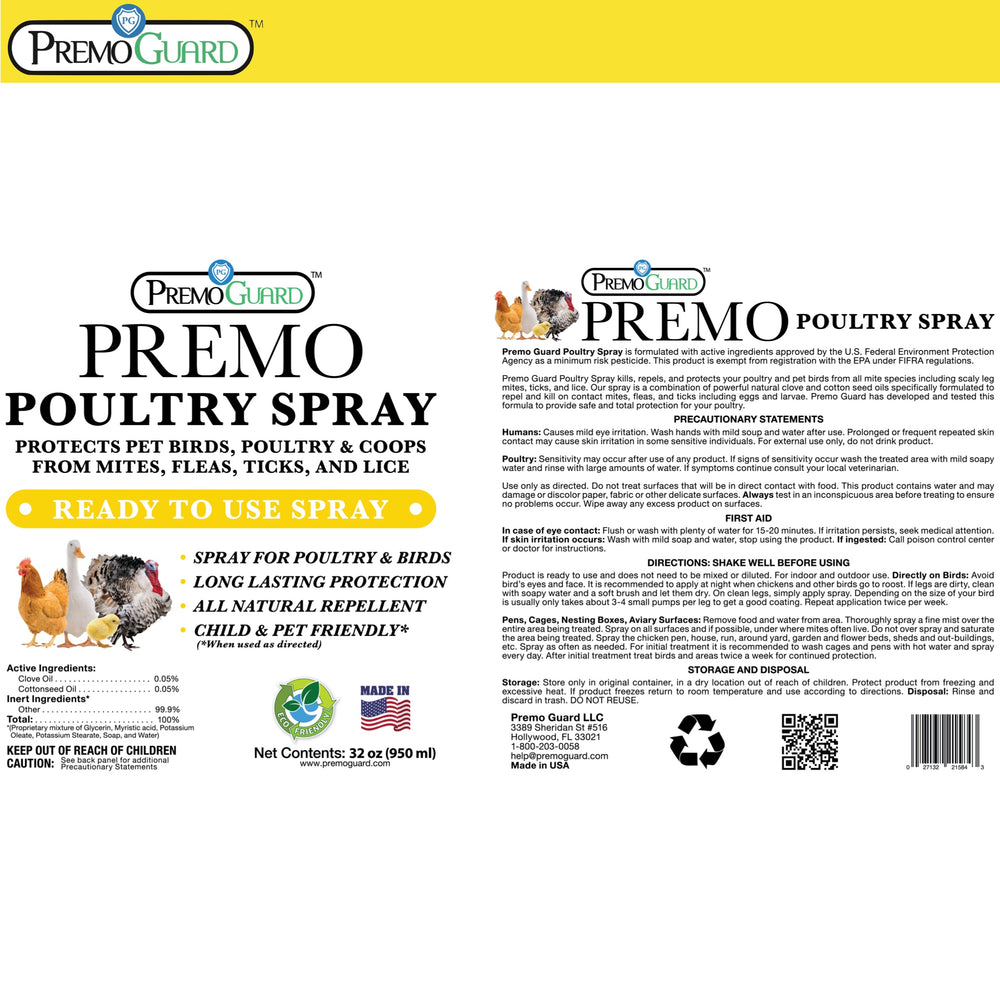 Poultry Spray 32 oz - Plant Based All Natural Non-Toxic - By Premo Guard - Equine Exchange Tack Shop