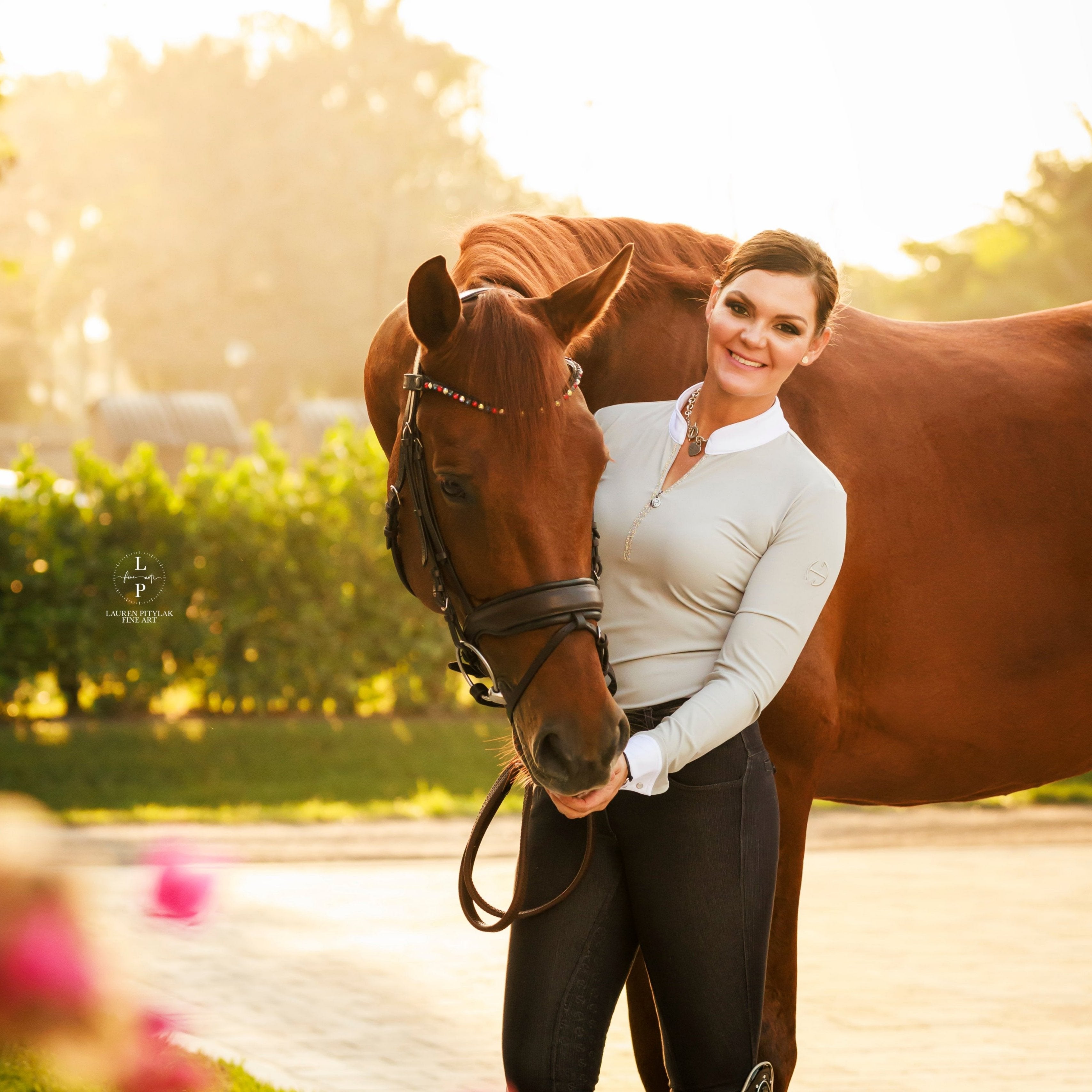 Heidi - Long Sleeve Riding Top with Crystal Fabric Trim - Equine Exchange Tack Shop