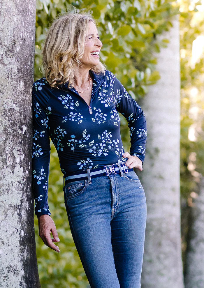 Kastel Navy Rosebud Long Sleeve 1/4 Zip Shirt - CLEARANCE - Equine Exchange Tack Shop