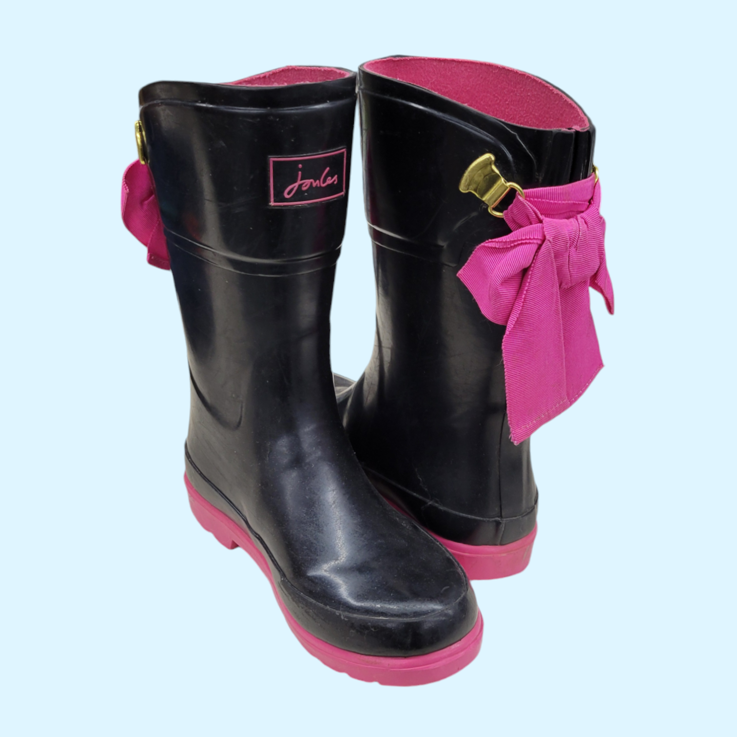 Joules Kids Rubber Boots With Bows in Black/Pink - CH1