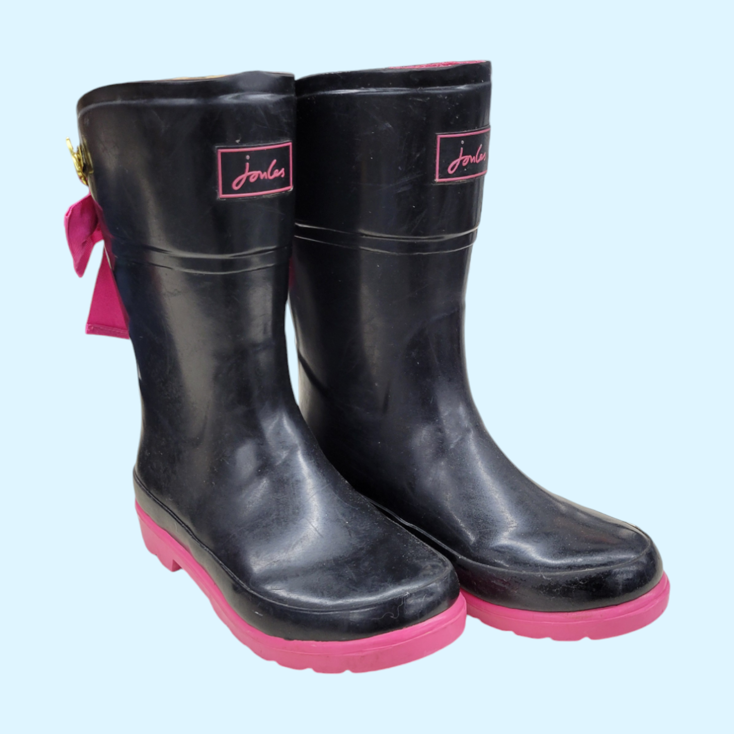 Joules Kids Rubber Boots With Bows in Black/Pink - CH1