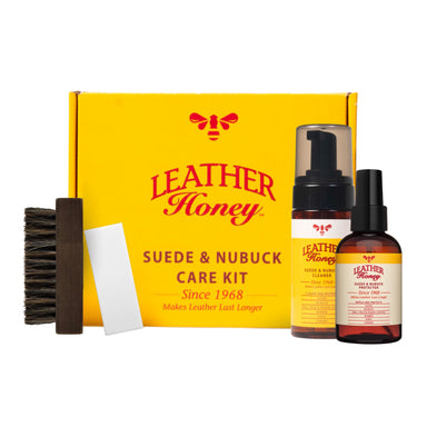 Leather Honey suede and nubuck care kit with cleaning brushes and conditioner for maintaining soft, durable suede and nubuck footwear.