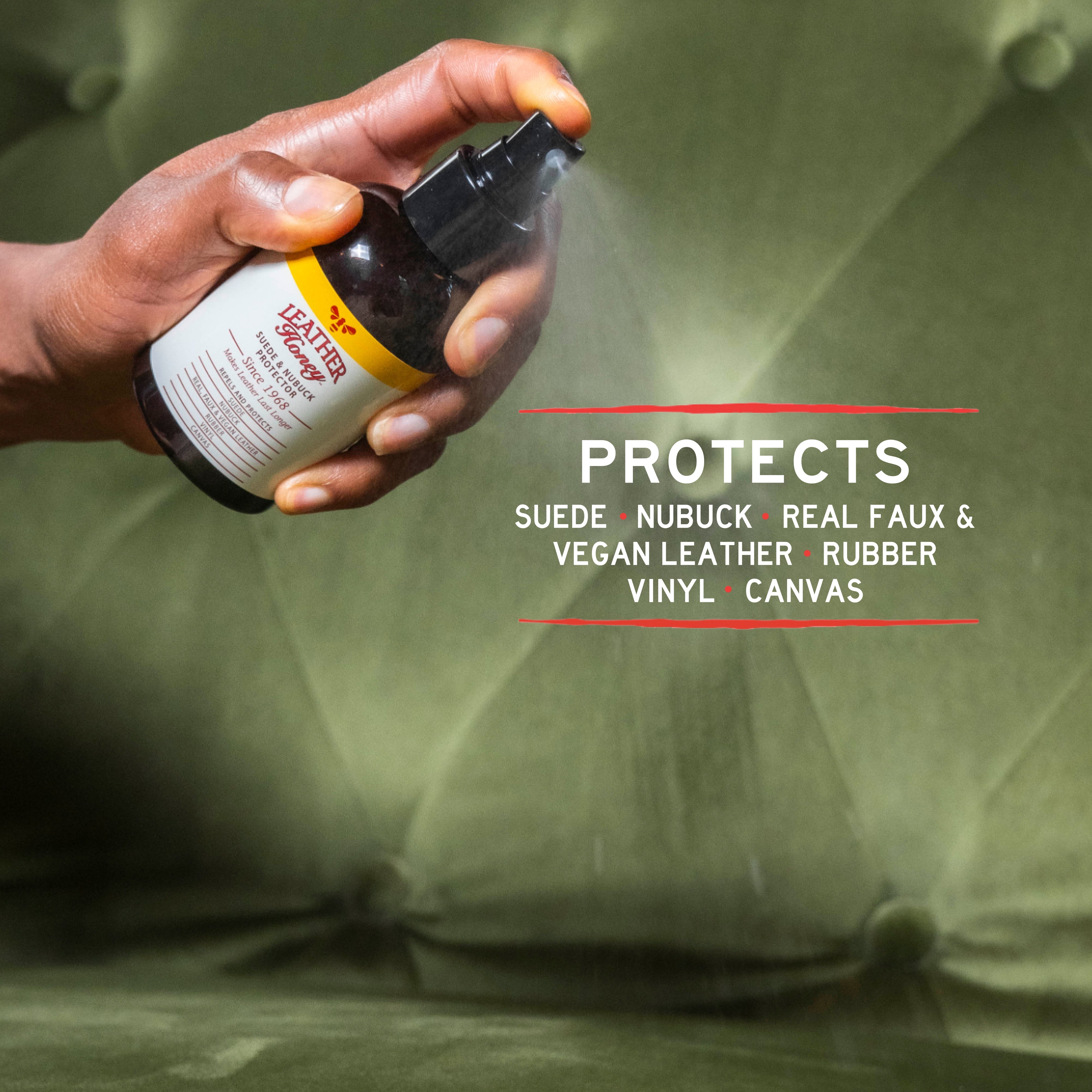 Leather Honey suede and nubuck protector spray for leather care, shown in a 4oz kit for protecting suede and nubuck footwear or accessories.