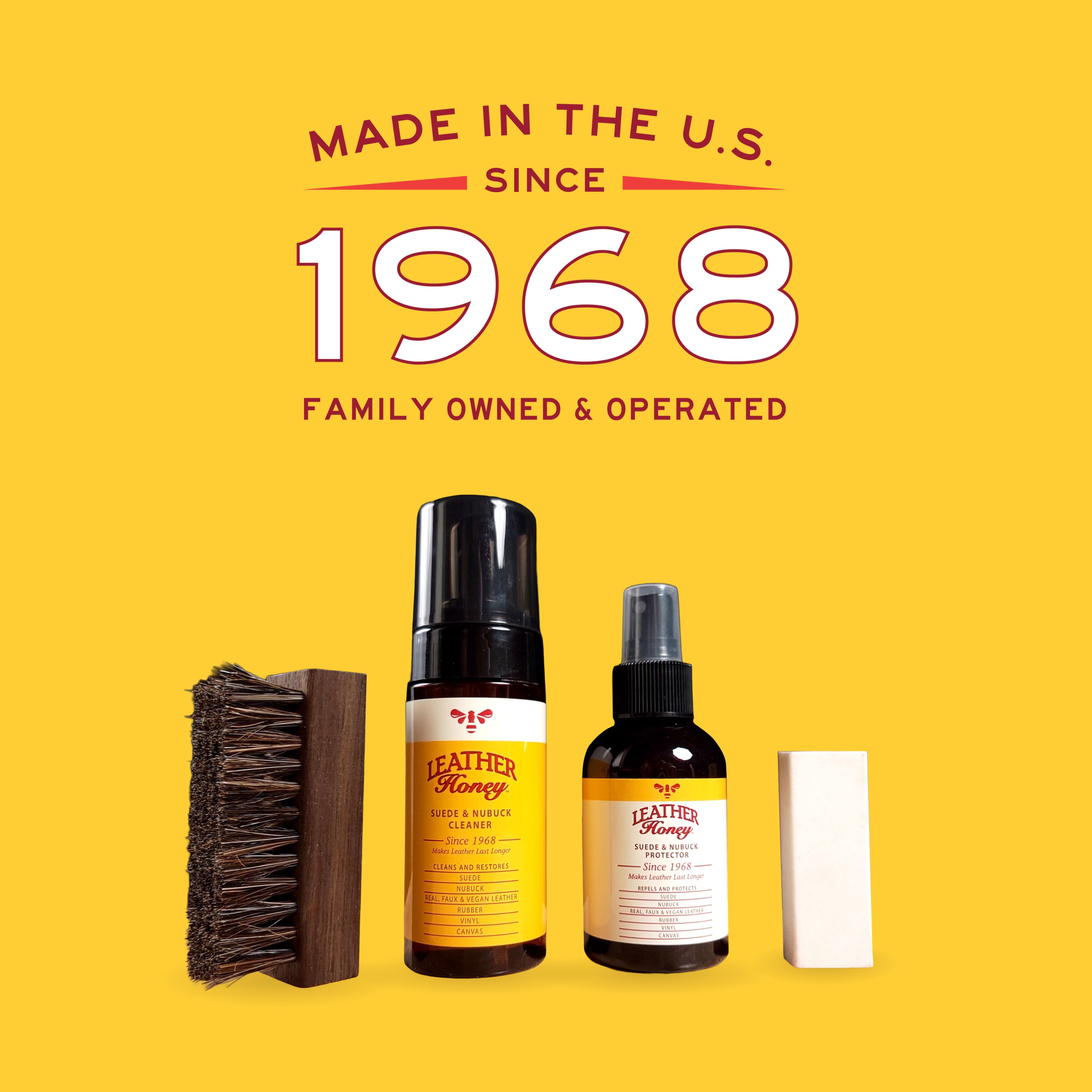Leather Honey suede and nubuck protector spray in a 4oz bottle, designed for leather care and protection.