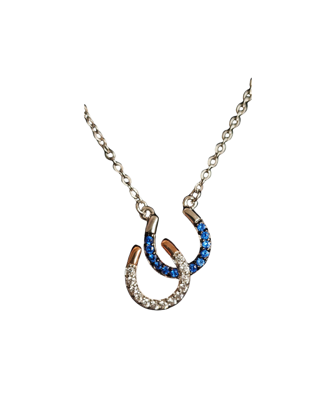 Brass Double Horseshoe Necklace With Clear and Blue Stones