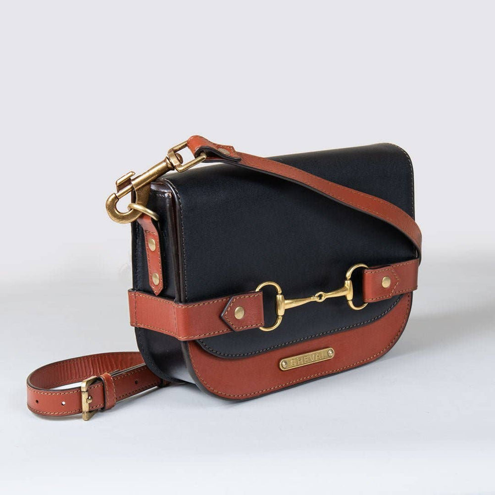 Saratoga- Horse Bit Crossbody Luxury Leather Handbag in Cognac on Black - Equine Exchange Tack Shop
