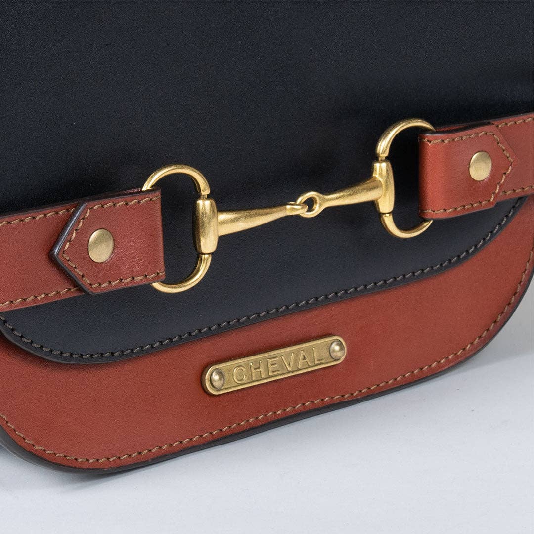 Saratoga- Horse Bit Crossbody Luxury Leather Handbag in Cognac on Black - Equine Exchange Tack Shop