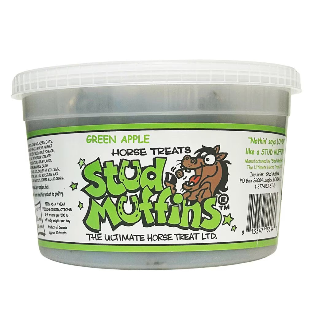 Container of Stud Muffins green apple horse treats on a white background
