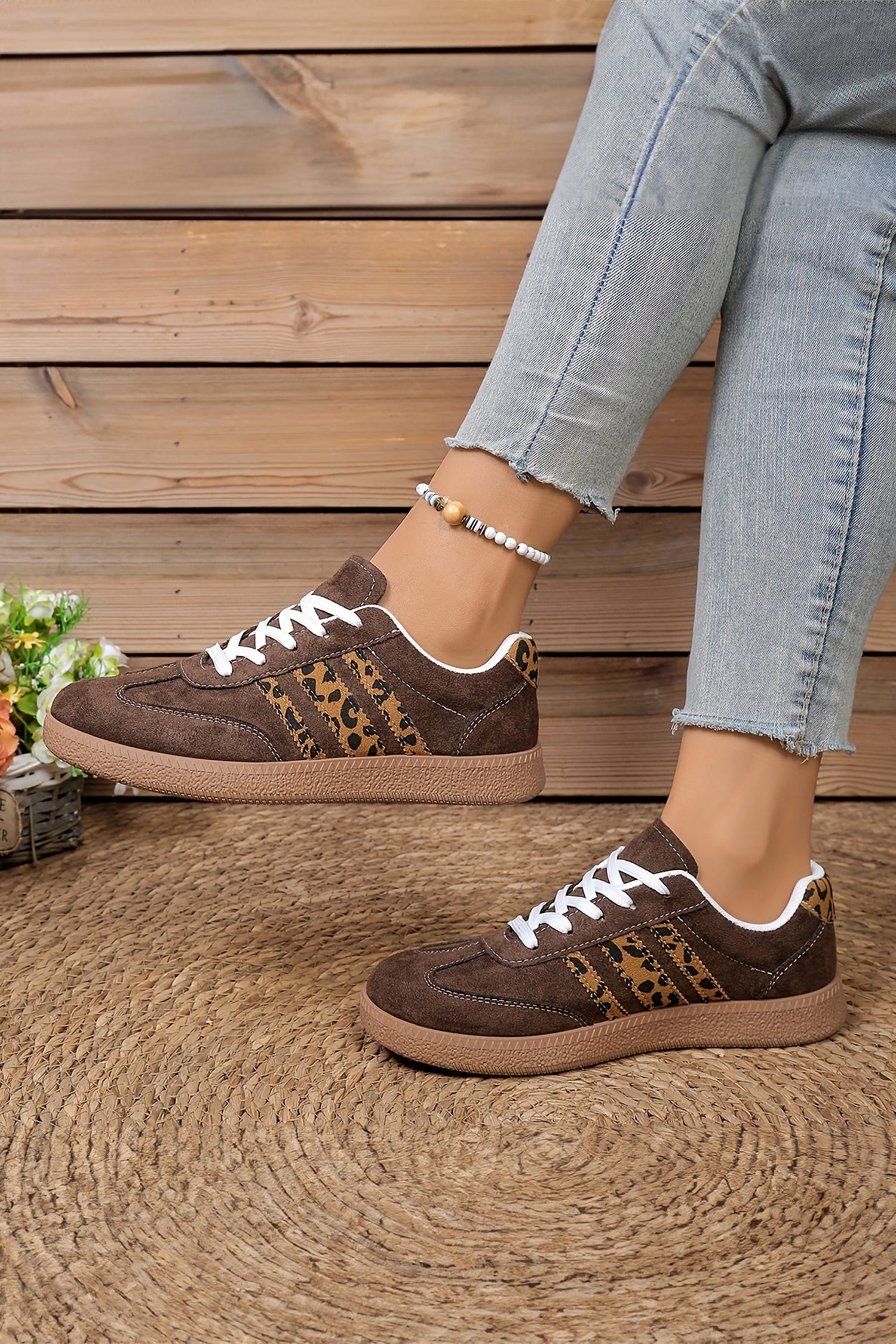 Lace-up Leopard Patchwork Faux Suede Shoes
