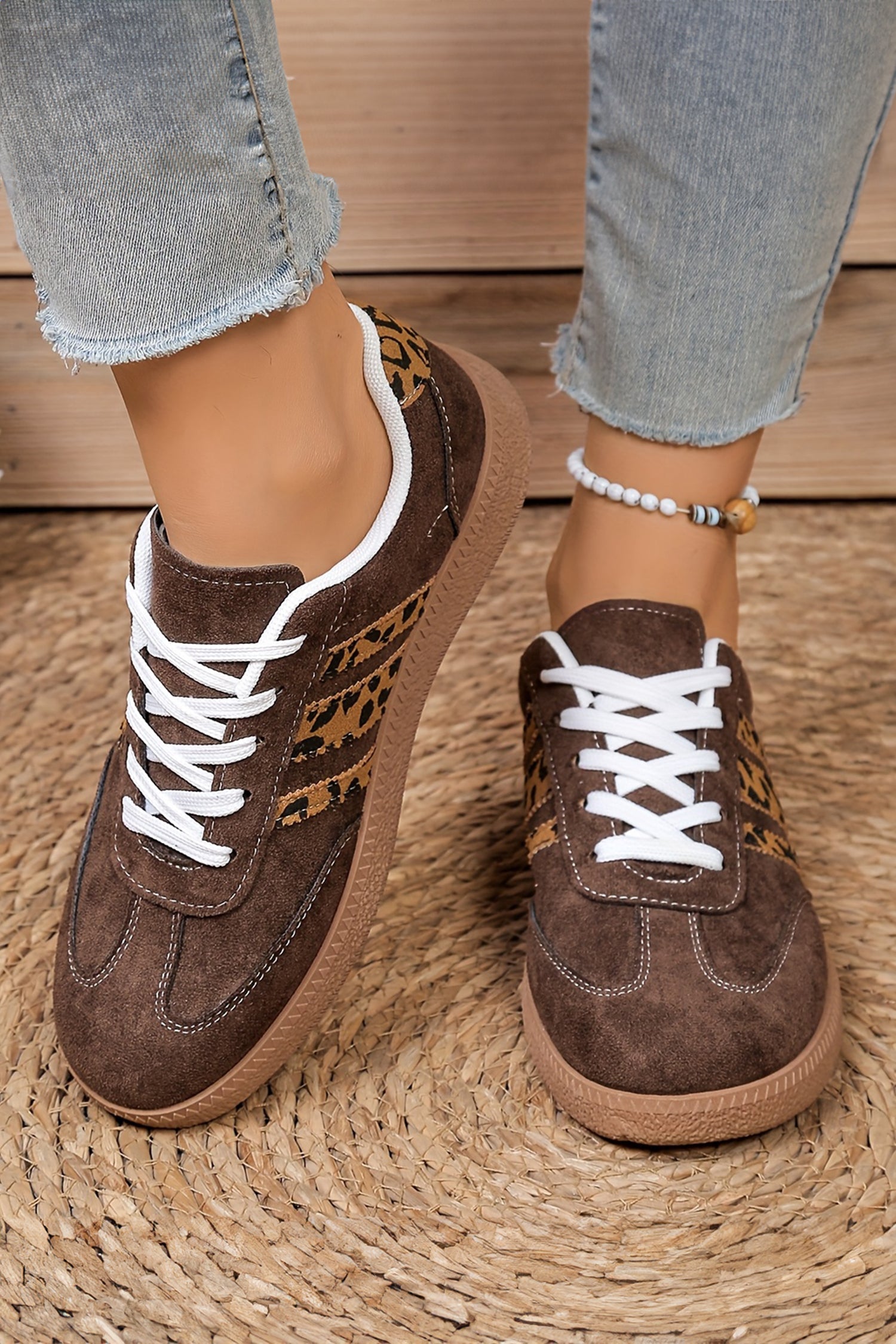 Lace-up Leopard Patchwork Faux Suede Shoes