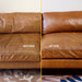 Leather Honey Leather Conditioner showing before and after on a sofa, highlighting restored, nourished leather appearance.