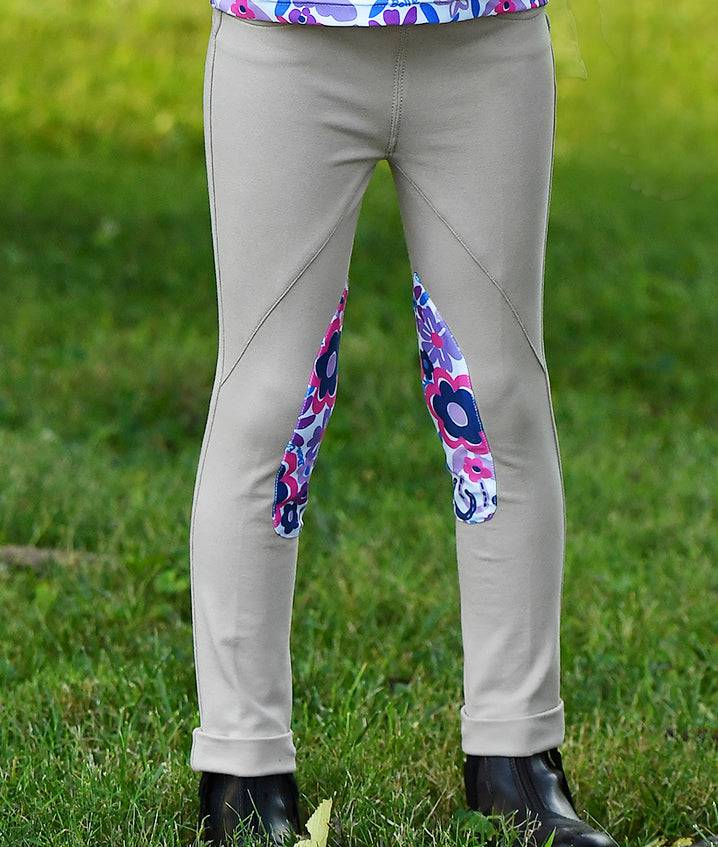 Belle and Bow Schooling Jodhpurs, Tan with Flower Power Knee Patch - Equine Exchange Tack Shop