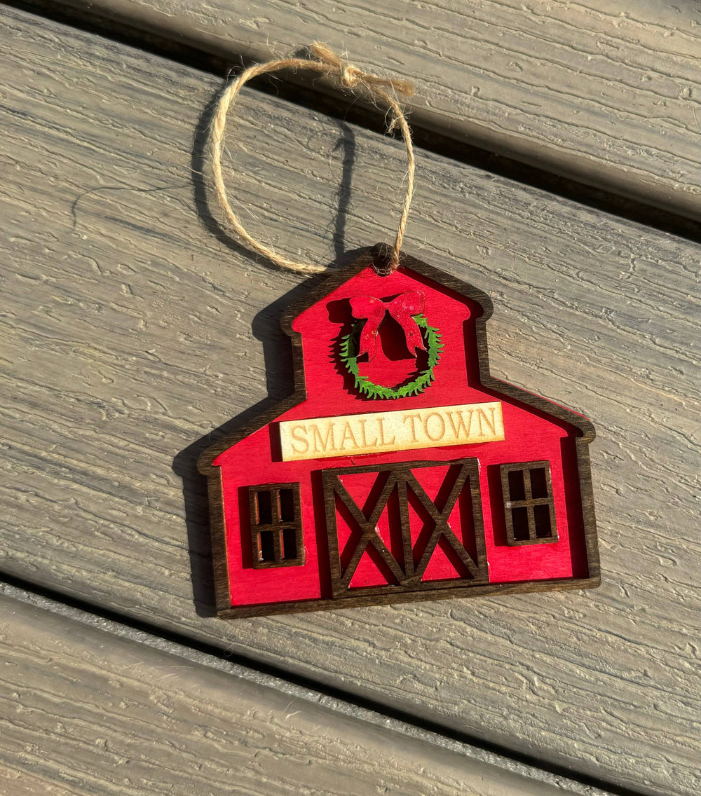 Small Town Rustic Barn Christmas Ornament