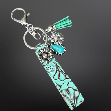 Faux Embossed Leather Western Keychain with Charms: Turquoise Sunflower - Equine Exchange Tack Shop