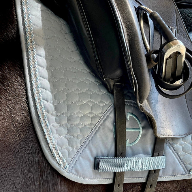 European Cotton Dressage Saddle Pad - Light Blue with Crystals & Light Blue/Silver Twisted Rope Trim - Equine Exchange Tack Shop