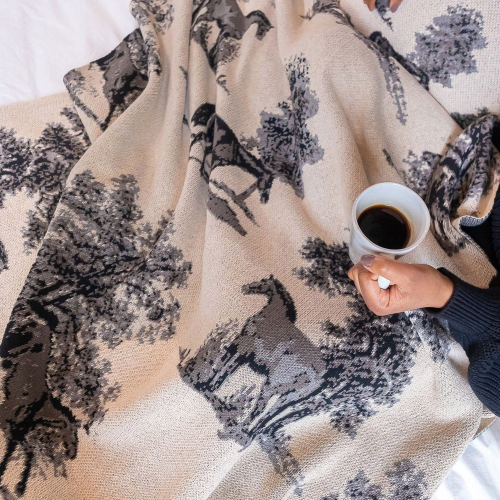Cotton Sustainable Knit Throw Blanket - Equestrian Toile