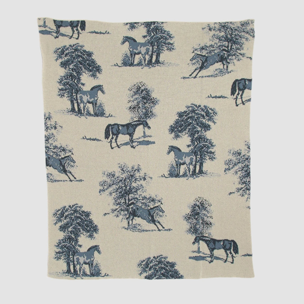 Cotton Sustainable Knit Throw Blanket - Equestrian Toile