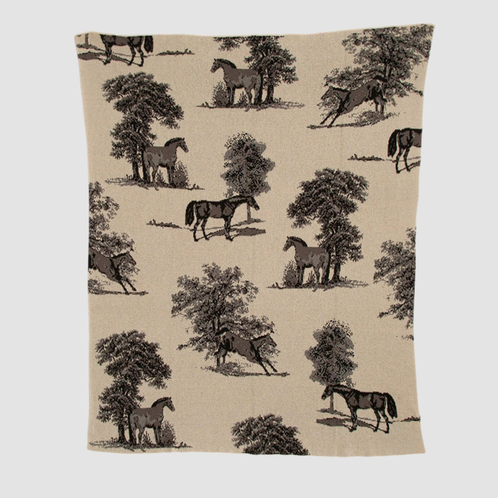 Cotton Sustainable Knit Throw Blanket - Equestrian Toile