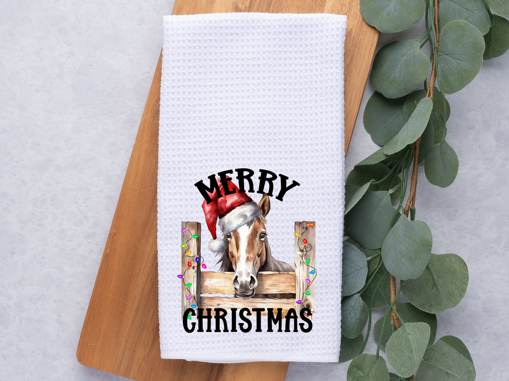 Merry Christmas Horse in Stall -  Kitchen / Hand Towel