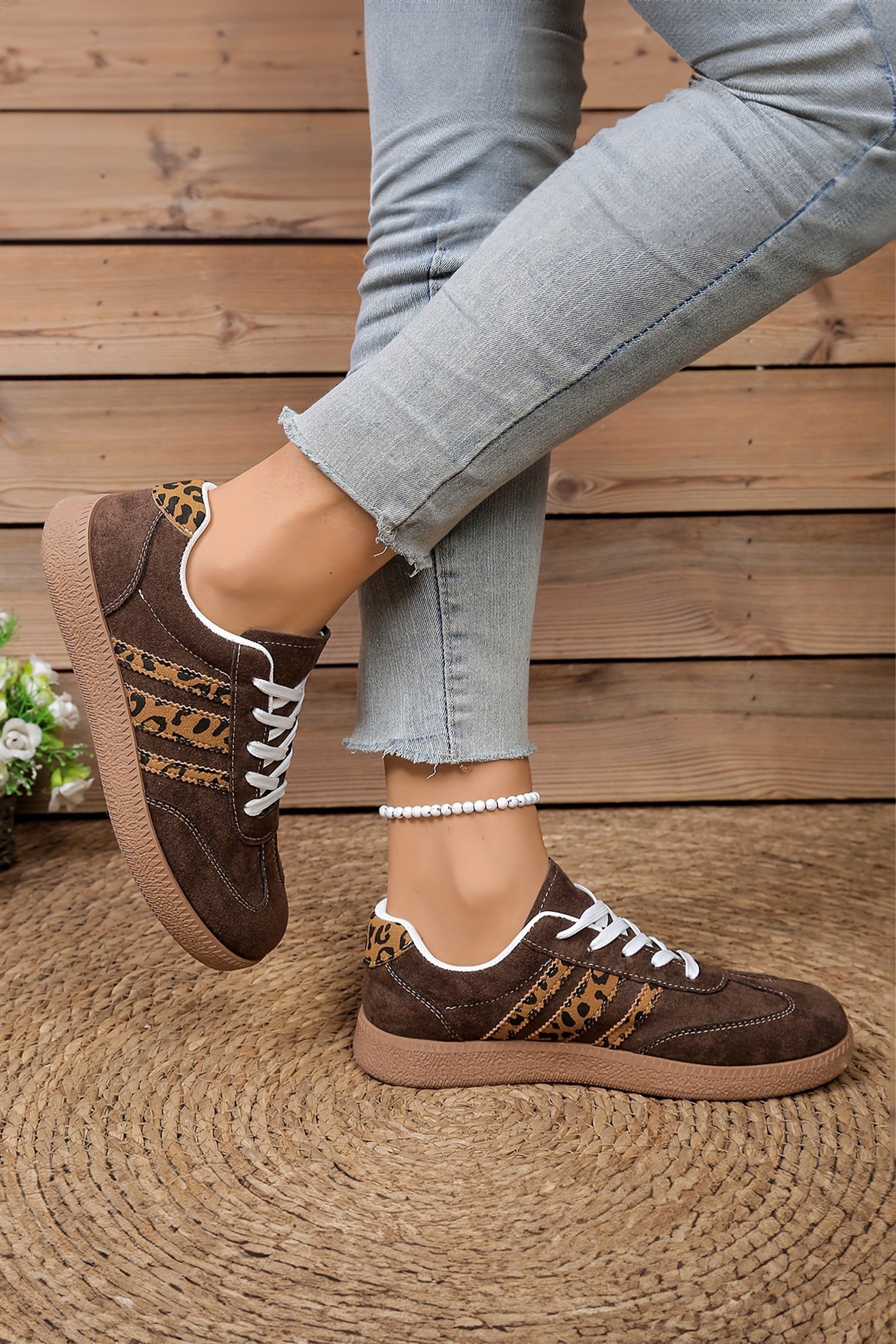 Lace-up Leopard Patchwork Faux Suede Shoes