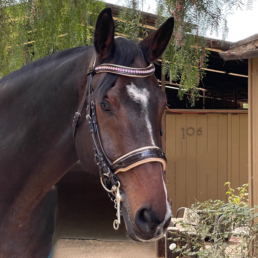 Florence - Brown Patent Leather Double Bridle with Cream Padding & Rose Gold Piping - Equine Exchange Tack Shop