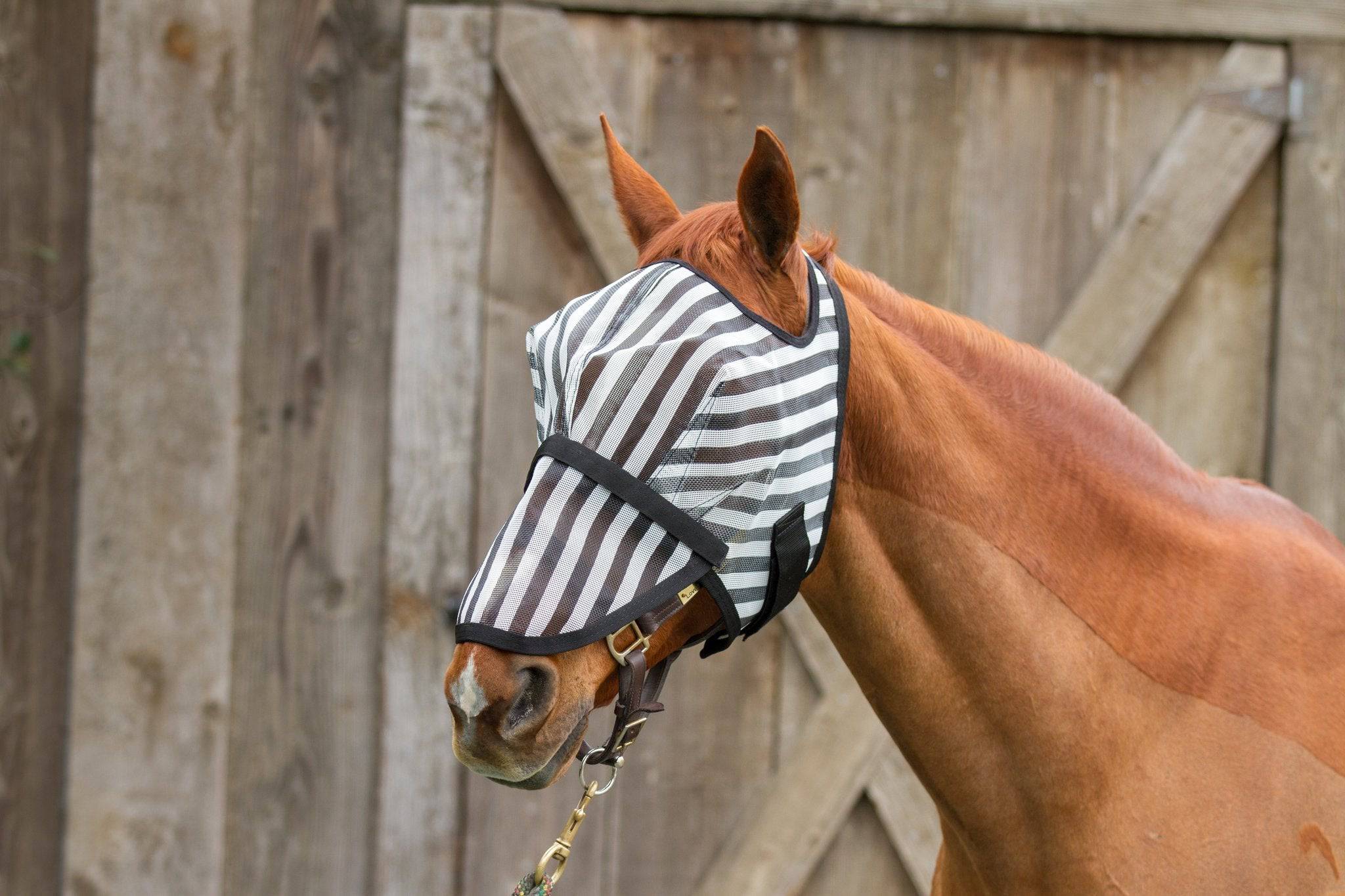 Mackey Dandy Fly Mask B & W Stripey with Detachable Nose - Equine Exchange Tack Shop