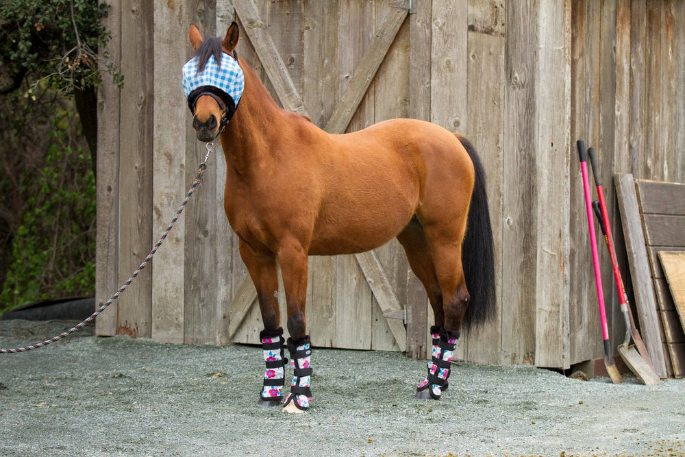 Mackey Modern Vintage Fly Mask Turq Gingham with Fleece Binding - Equine Exchange Tack Shop